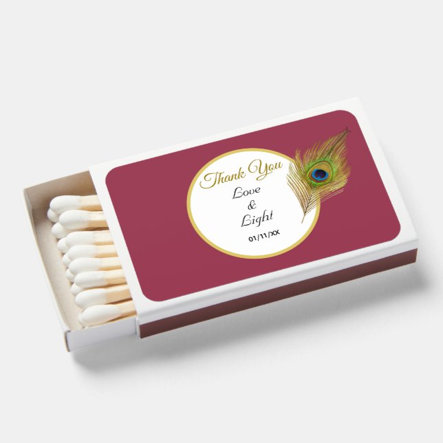 Peacock Feather on Rose Gold Thank You Wedding Matchboxes (Front Open)