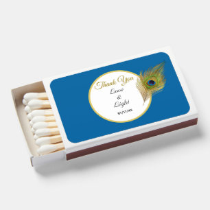 Peacock Feather on Royal Blue Thank You Wedding Matchboxes