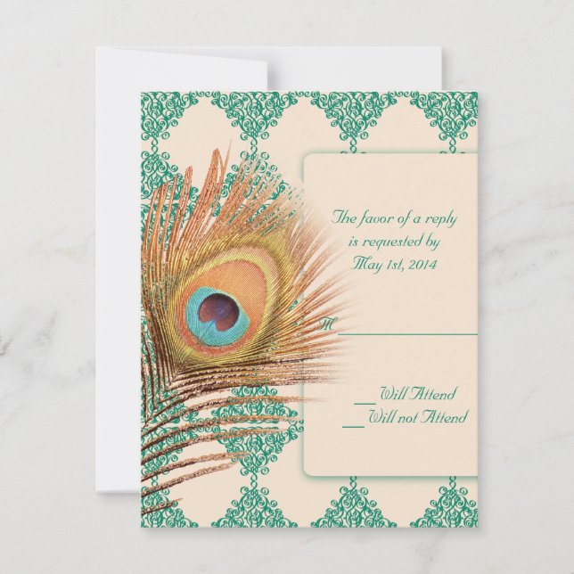 Peacock Feather on Teal Moroccan Tile RSVP Card (Front)