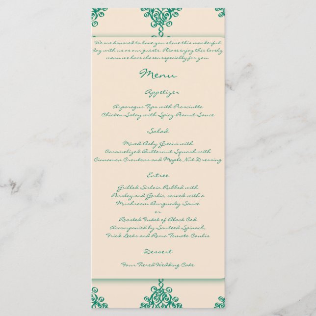 Peacock Feather on Teal Moroccan Tile Wedding Menu (Front)
