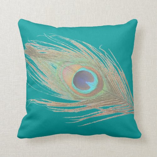 Peacock Feather on Teal Throw Pillow