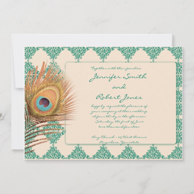 Peacock Feather on Teal Tile Wedding Invitation (Front)