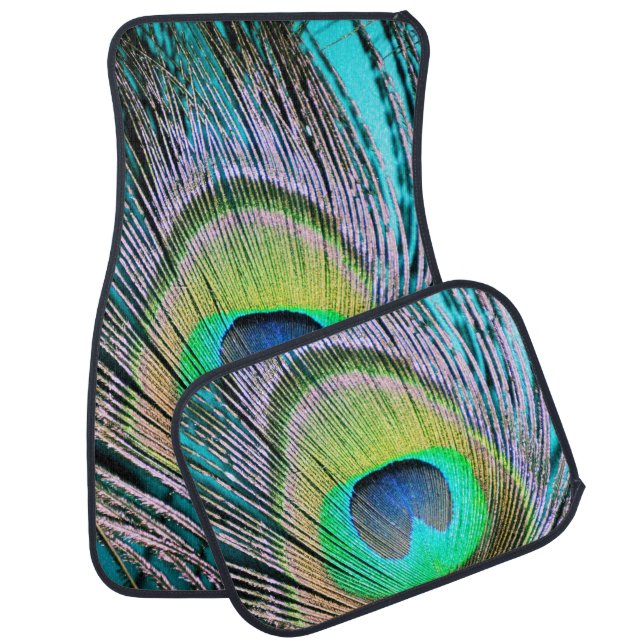 Peacock Feather on Turquoise Car Floor Mat (Set)