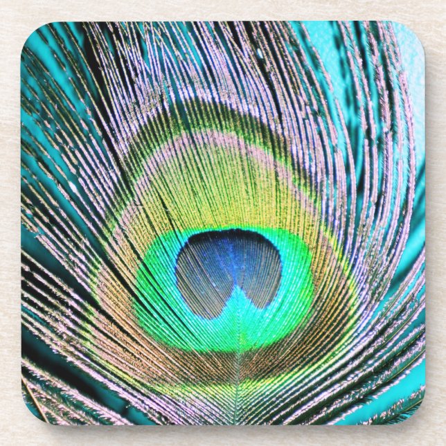 Peacock Feather on Turquoise Drink Coaster (Front)