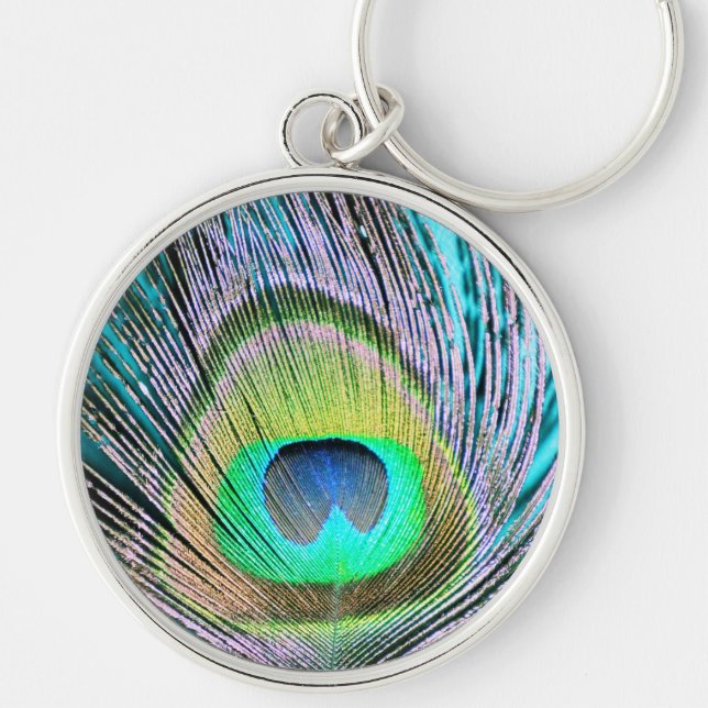 Peacock Feather on Turquoise Keychain (Front)
