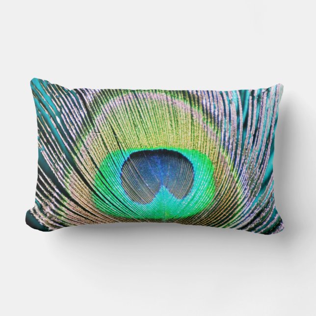 Peacock Feather on Turquoise Lumbar Pillow (Front)