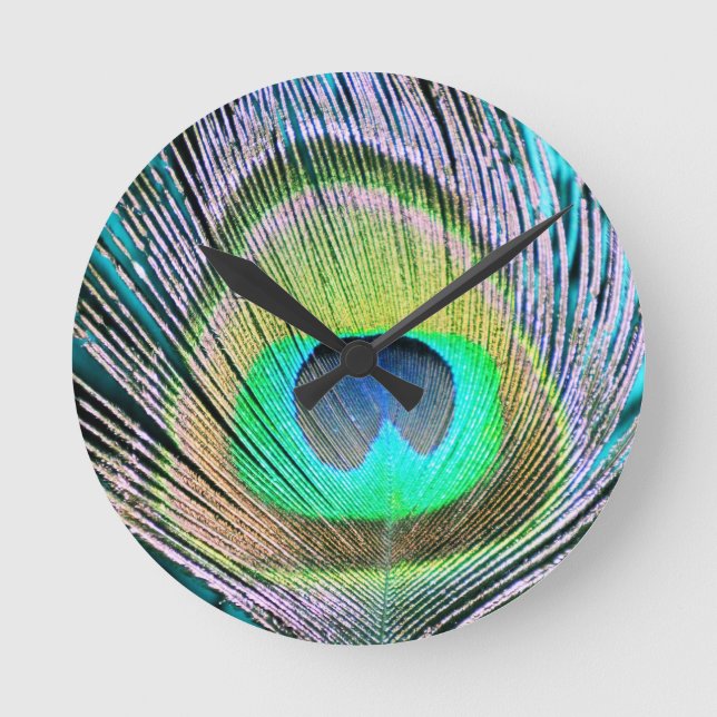 Peacock Feather on Turquoise Round Clock (Front)