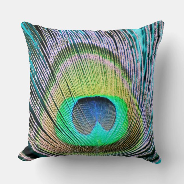 Peacock Feather on Turquoise Throw Pillow (Front)