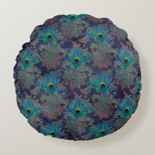 Peacock feather paisley purple teal gold boho thro round pillow