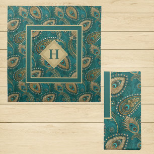 Peacock Feather Paisley Teal Gold Vintage Initial Cloth Napkin