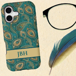 Peacock Feather Paisley Teal Gold Vintage Initials iPhone 17 Case