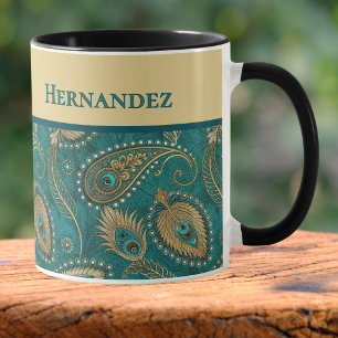 Peacock Feather Paisley Teal Gold Vintage Name  Mug