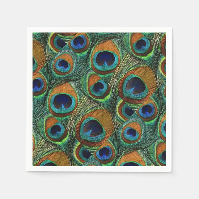 Peacock Feather Paper Napkins - Tan, Blue, Teal (Front)