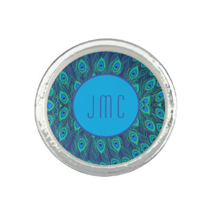 PEACOCK FEATHER PATTERN AQUA BLUE GREEN MONOGRAM RING