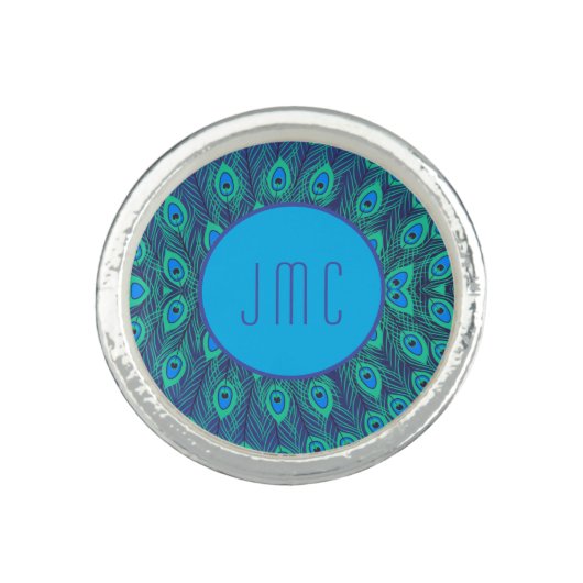 PEACOCK FEATHER PATTERN AQUA BLUE GREEN MONOGRAM RING (Front)