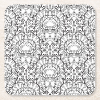 Peacock Feather Pattern Doodle Square Paper Coaster
