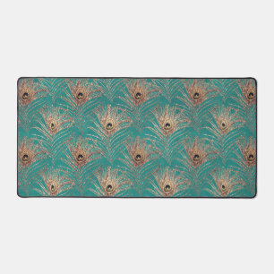 Peacock feather pattern glitter teal gold elegant desk mat