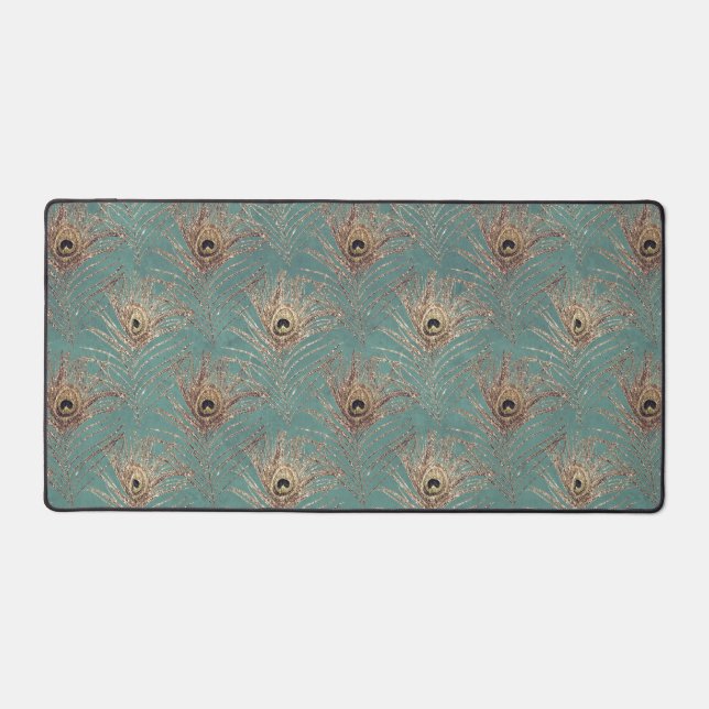Peacock feather pattern glitter teal gold elegant desk mat (Front)