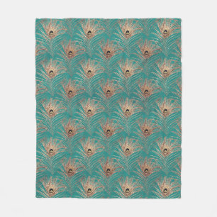 Peacock feather pattern glitter teal gold elegant fleece blanket