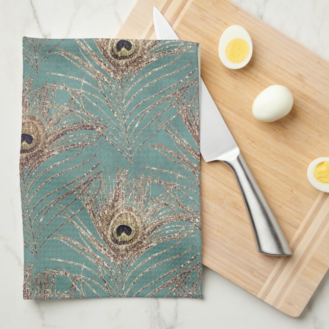 Peacock feather pattern glitter teal gold elegant kitchen towel (Quarter Fold)