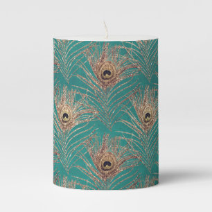 Peacock feather pattern glitter teal gold elegant pillar candle