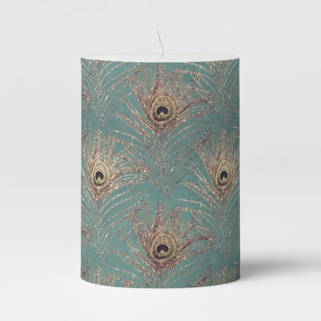 Peacock feather pattern glitter teal gold elegant pillar candle (Front)