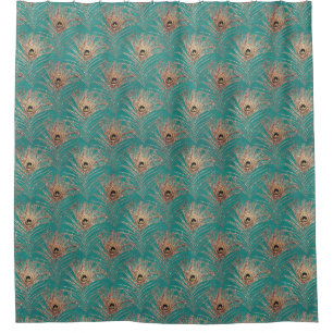 Peacock feather pattern glitter teal gold elegant shower curtain