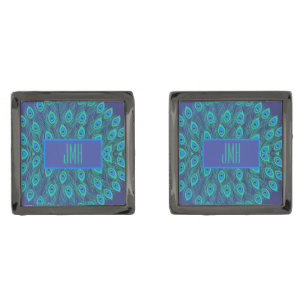 PEACOCK FEATHER PATTERN GREEN BLUE MONOGRAM INITAL CUFFLINKS
