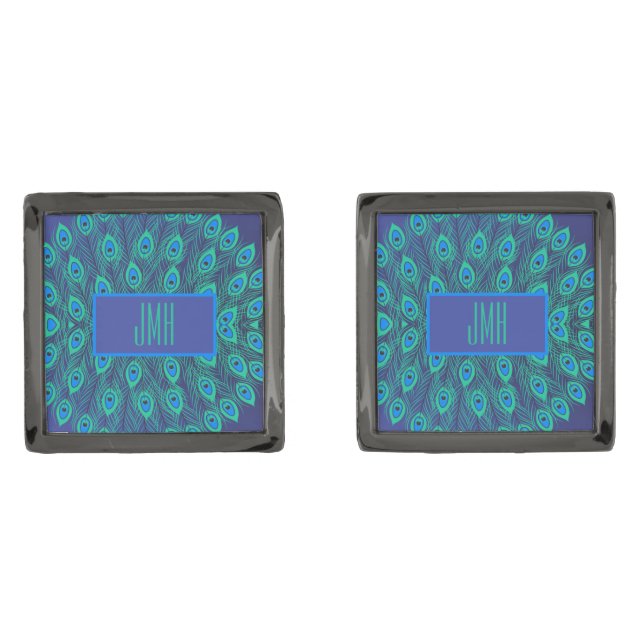 PEACOCK FEATHER PATTERN GREEN BLUE MONOGRAM INITAL CUFFLINKS (Front)