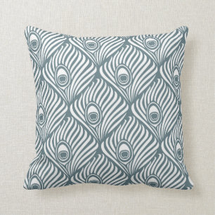 Peacock Feather Pattern in Blue Grey and White Throw Pillow