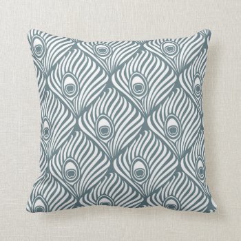 Peacock Feather Pattern In Blue Grey And White Throw Pillow by AnyTownArt at Zazzle
