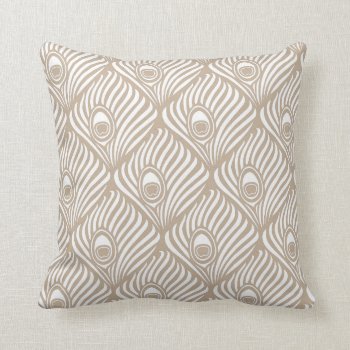 Peacock Feather Pattern In Tan And White Throw Pillow by AnyTownArt at Zazzle