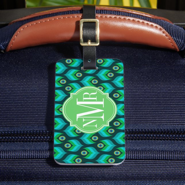 Peacock Feather Pattern Monogram Personalized Luggage Tag (Front Insitu 2)