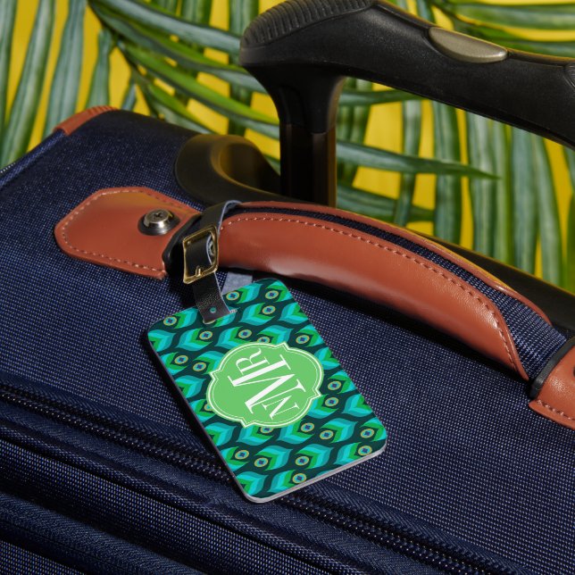 Peacock Feather Pattern Monogram Personalized Luggage Tag (Front Insitu 1)