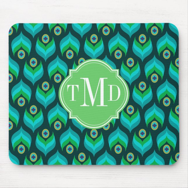 Peacock Feather Pattern Monogram Personalized Mouse Pad (Front)