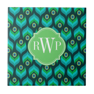 Peacock Feather Pattern Monogram Personalized Tile