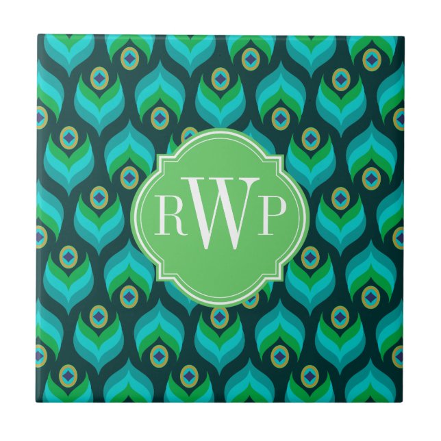 Peacock Feather Pattern Monogram Personalized Tile (Front)