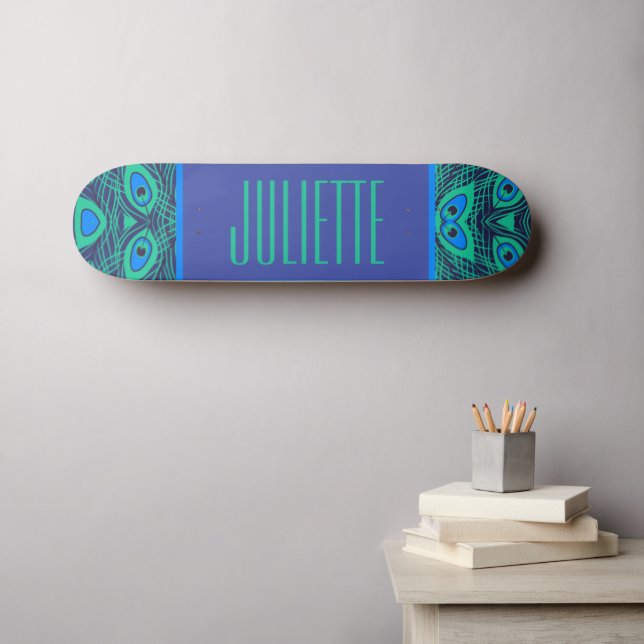 PEACOCK FEATHER PATTERN TEAL GREEN BLUE WITH NAME SKATEBOARD (Wall Art (Horz))