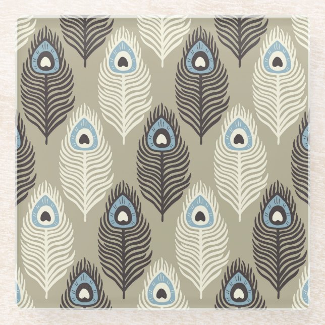 Peacock feather pattern, vintage style. glass coaster (Front)