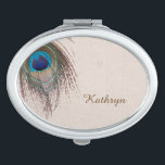 Peacock Feather Personalized Vanity Mirror<br><div class="desc">On the front of this compact mirror, a pretty blue, tan, and green peacock feather swirls around the top left corner, and your custom text is in brown at the bottom right. The images and text are placed on a distressed light gray tan background which complements the colors in the...</div>