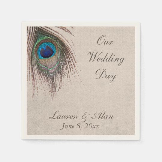 Peacock Feather Personalized Wedding Napkins