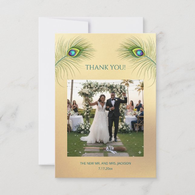 Peacock Feather Photo Wedding Thank You Card (Front)