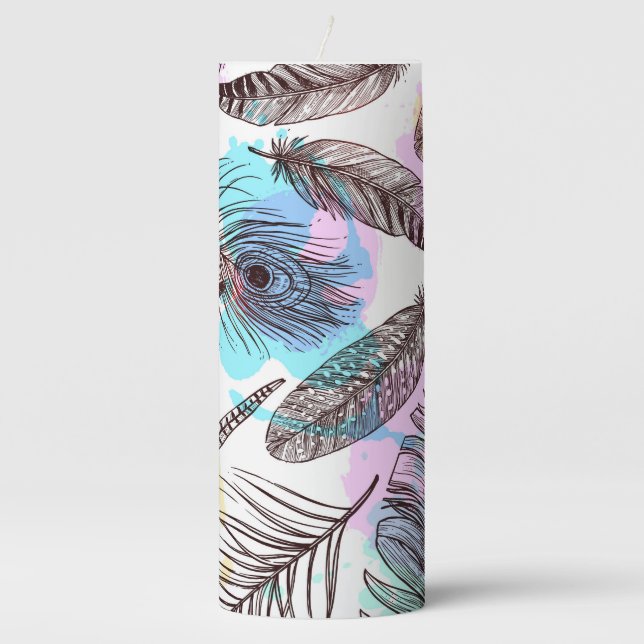 Peacock Feather Pillar Candle (Front)