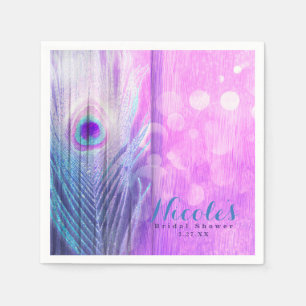 Peacock Feather Pink & Blue Boho Chic Custom Party Paper Napkins