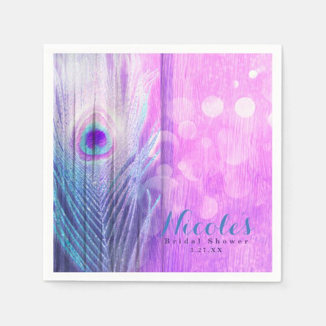 Peacock Feather Pink & Blue Boho Chic Custom Party Paper Napkins (Front)