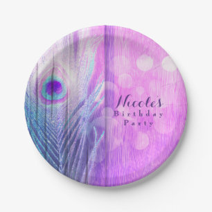 Peacock Feather Pink & Blue Boho Chic Custom Party Paper Plates