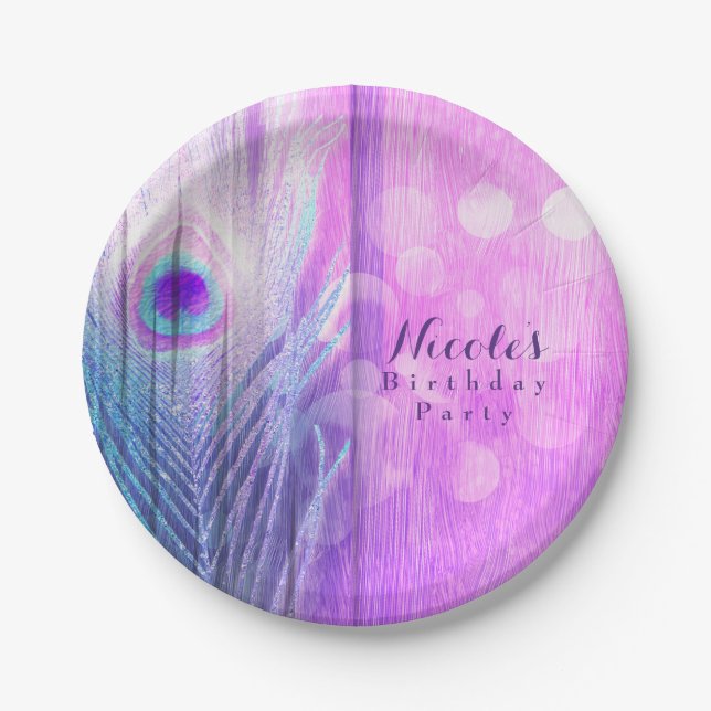 Peacock Feather Pink & Blue Boho Chic Custom Party Paper Plates (Front)
