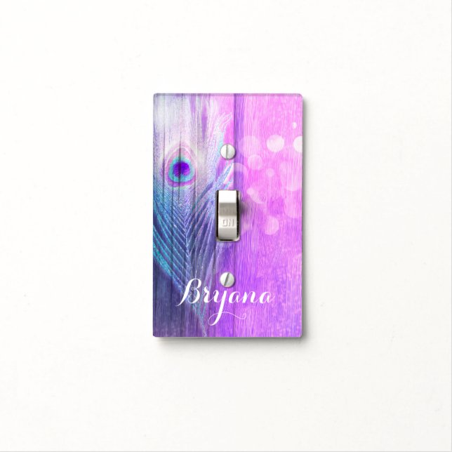 Peacock Feather Pink & Blue Boho Chic Glam Custom Light Switch Cover (In Situ)