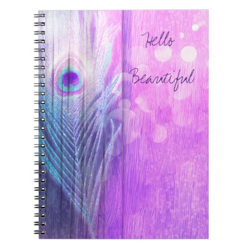 Peacock Feather Pink  Blue Boho Chic Glam Custom Notebook