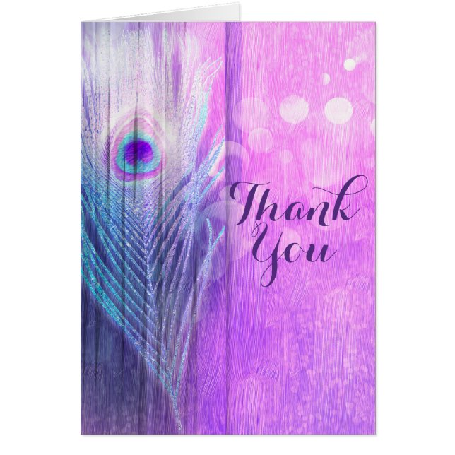 Peacock Feather Pink & Blue Boho Chic Thank You Cards (Front)